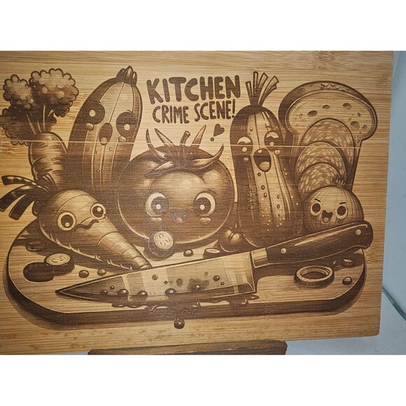 Funny cute pun vegetable Crime Scene  engraved Bamboo Wooden Cutting Board - Picture 3 of 3